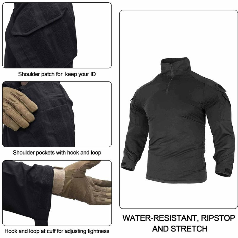 OCANXUE Tactical Shirt for Men G3 Camo Combat Shirt Long Sleeve BDU Military Shirt 1/4 Zip with Pockets Black XL