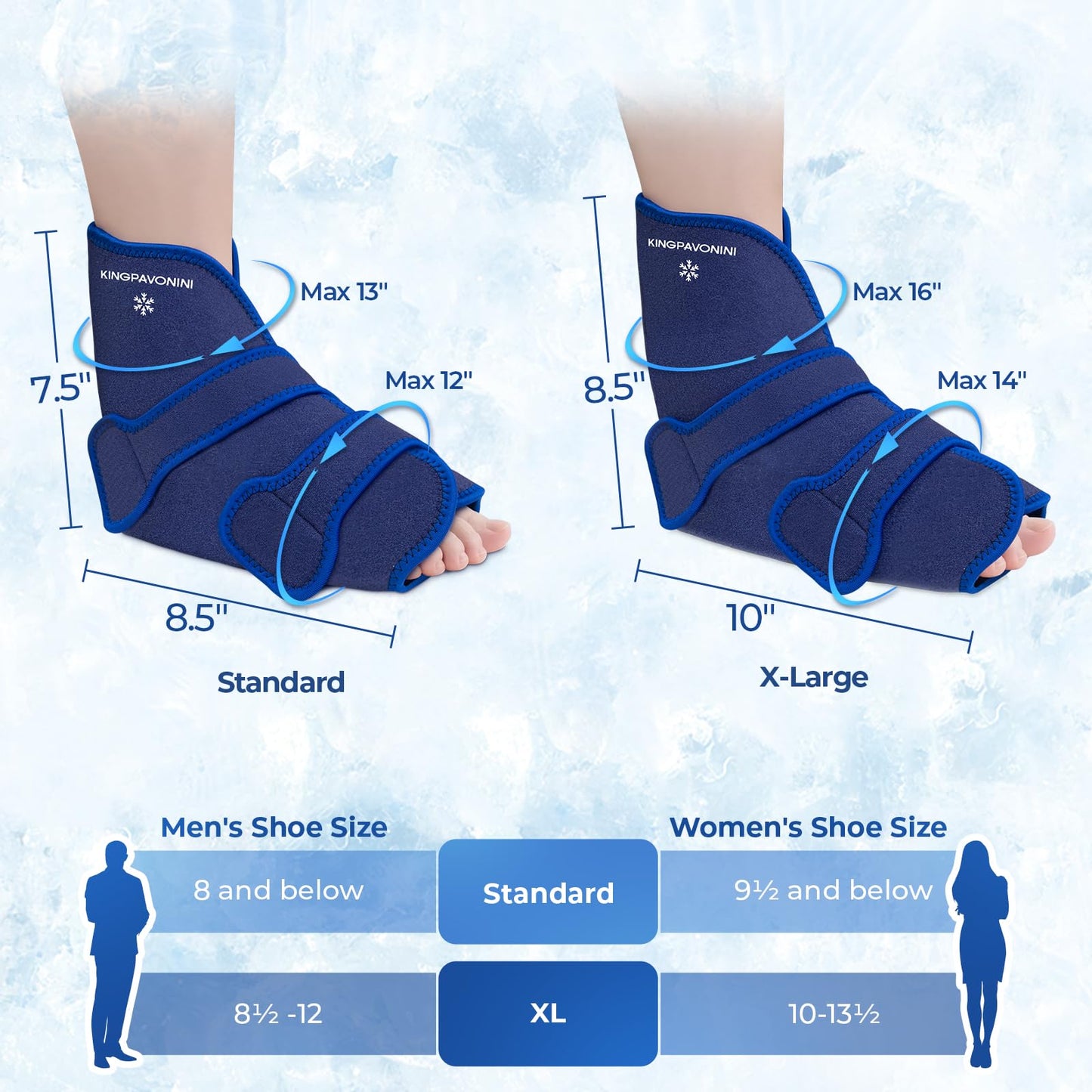 KingPavonini Ankle Foot Ice Pack Wrap for Sprained Ankle/Surgery Recovery, Reusable Gel Ice Packs for Feet Injuries, Plantar Fasciitis, Achilles Tendonitis, Hot/Cold Therapy, XL (1 Wrap+4 Gel Packs)
