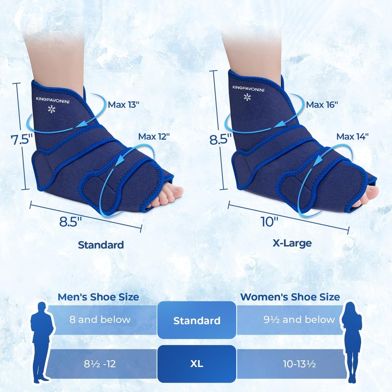 KingPavonini Ankle Foot Ice Pack Wrap for Sprained Ankle/Surgery Recovery, Reusable Gel Ice Packs for Feet Injuries, Plantar Fasciitis, Achilles Tendonitis, Hot/Cold Therapy, XL (1 Wrap+4 Gel Packs)