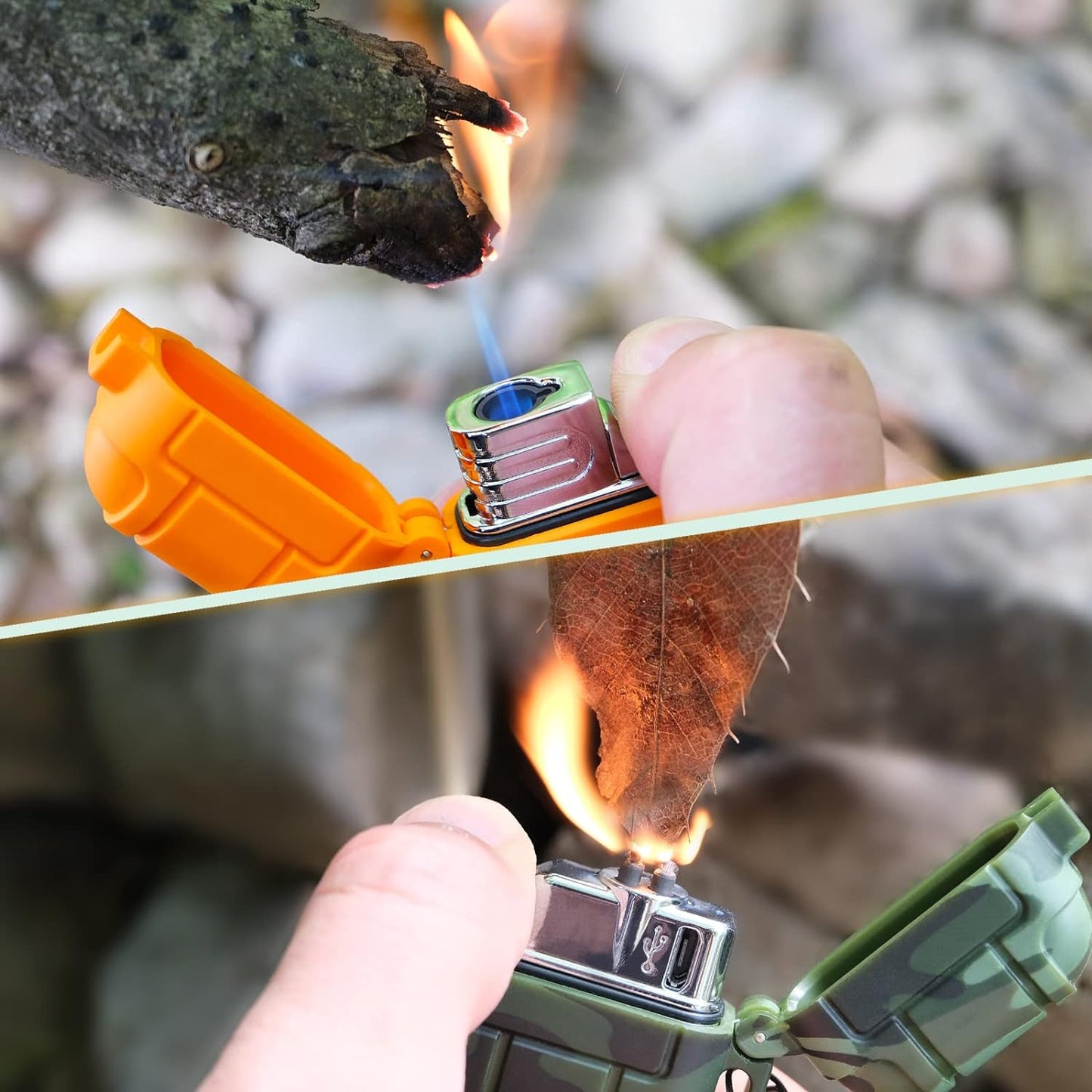 2 Pack Waterproof Lighter Outdoor Windproof Torch Lighters Dual Arc Butane Electric Lighters USB Rechargeable Lighters Flameless Plasma Lighter Camping Hiking Adventure Survival Tactical Gear