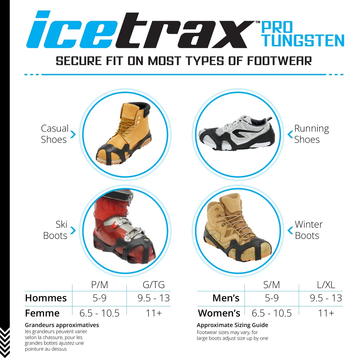 ICETRAX Pro Tungsten Grip Winter Ice Cleats for Shoes and Boots - Snow and Ice Grips, StayON Toe, Reflective Heel