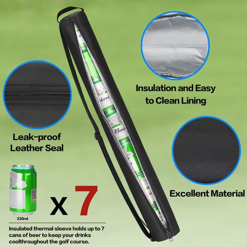 NATURAL STYLE Beer Sleeve for Golf Bag,7-Can Insulated Cooler Sleeve, Beer Drink Accessories Sling Cooler Fits Most Golf Bags Styles and Types (BLACK)