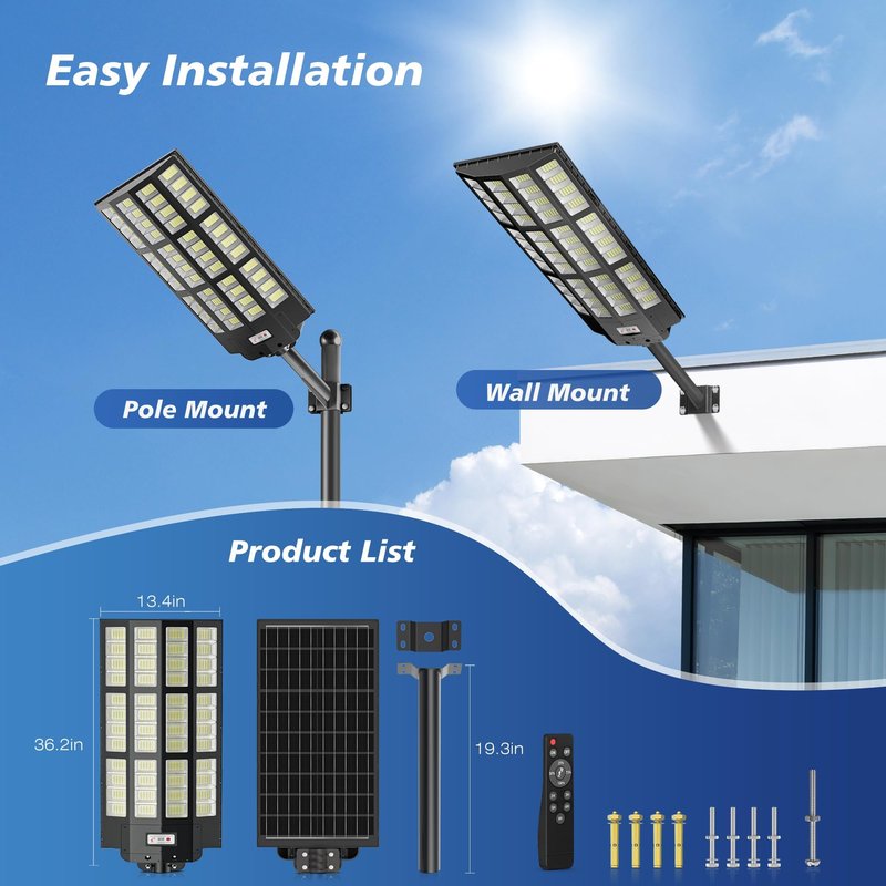 OKPRO 15000W Solar Street Light, 7000K Solar Lights Outdoor Waterproof Motion Sensor, Solar Security Light IP66 Waterproof, Solar Street Lights Outdoor Dusk to Dawn for Parking Lot, Yard, Farm(2Pack)