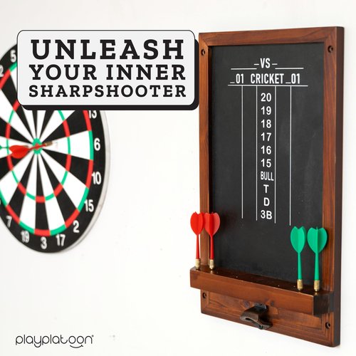Play Platoon Chalkboard Dart Scoreboard & Holder Wall Mount with Bottle Opener - 10x17 Inch Wood Scoreboard, Professional Accessories, Holds 12 Darts