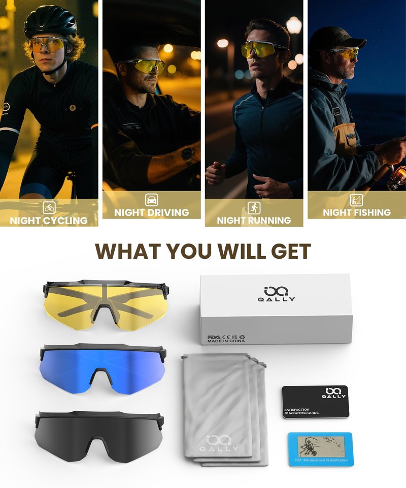 QALLY Polarized Sport Sunglasses Men Women Bike Sunglasses for Men Cycling UV Protection Baseball Running 3 Packs