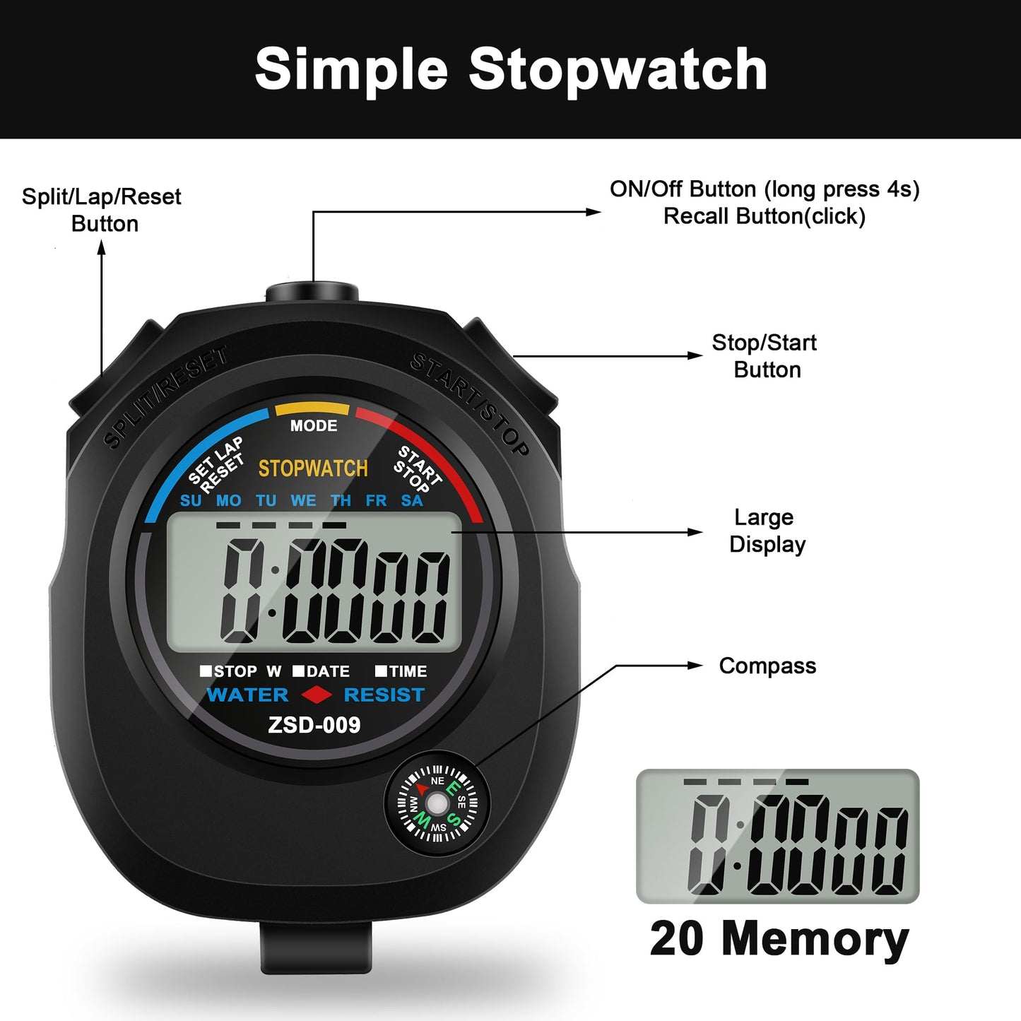 2 Pack Digital Stop watch Timer with 2 Whistle Set | Waterproof Stopwatch with Large Display Date, Time & Alarm | Sports Stopwatch for Swimming, Running and Fitness | Perfect for Coaches | Black