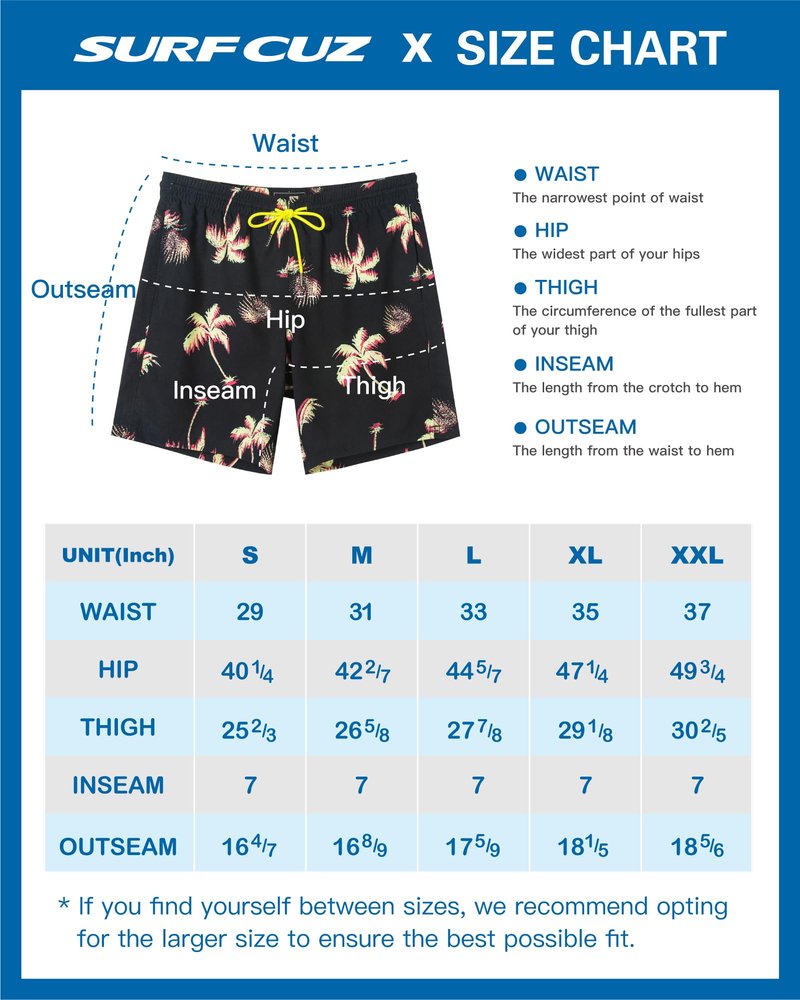 SURF CUZ Mens Swim Trunks with Compression Liner Quick Dry Swim Shorts 7" Swimming Trunks Stretch Bathing Suit 7 Inch,Neon Palms,S