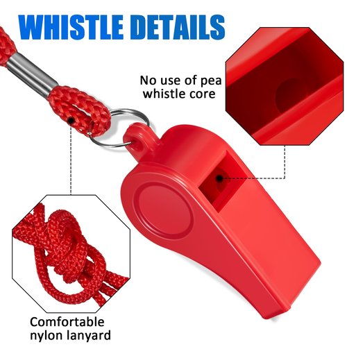 Flutesan 48 Pcs Plastic Whistles with Lanyard Sports Loud Crisp Sound Whistles Bulk for Coach Referees Training Emergency (Red)