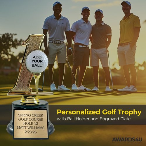 Hole in One Golf Trophy Customizable with Engraved Plate and Golf Ball Insert Holder - Custom Display for Hole in One - Funny Golf Award for Tournament Winner - 7 Inches Tall