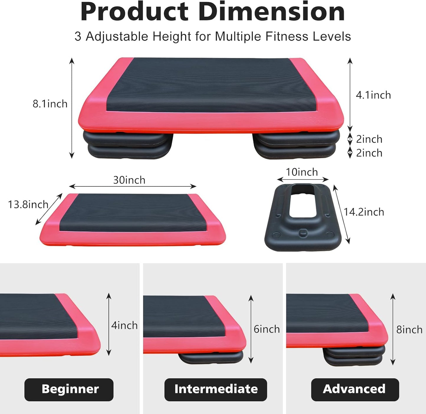 28.5'' Exercise Aerobic Step Platform, 4-6-8inAdjustable Fitness Stepper Workout with 4 Stackable Risers, Aerobics Stepper Workout Stepper for Home Gym Cardio Strength & Training (Red & Gray)