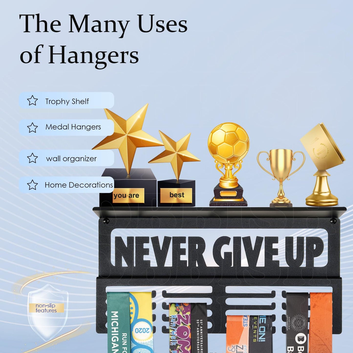 iBobbish Non-Slip Medal Hanger Display Trophy Shelf,NEVER GIVE UP Medal Hanger Display For Wall with 16inchL 4 Rows,Race Medal Display Upgraded Medal Holder Display For gymanstics,race,soccer,swim