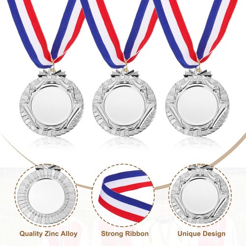 PATIKIL Award Medals, 8 Pcs First Second Third Prize Winner Medals with Neck Ribbons for Sports Events Competitions Spelling Bees, 2.5 Inch Wide, Silver