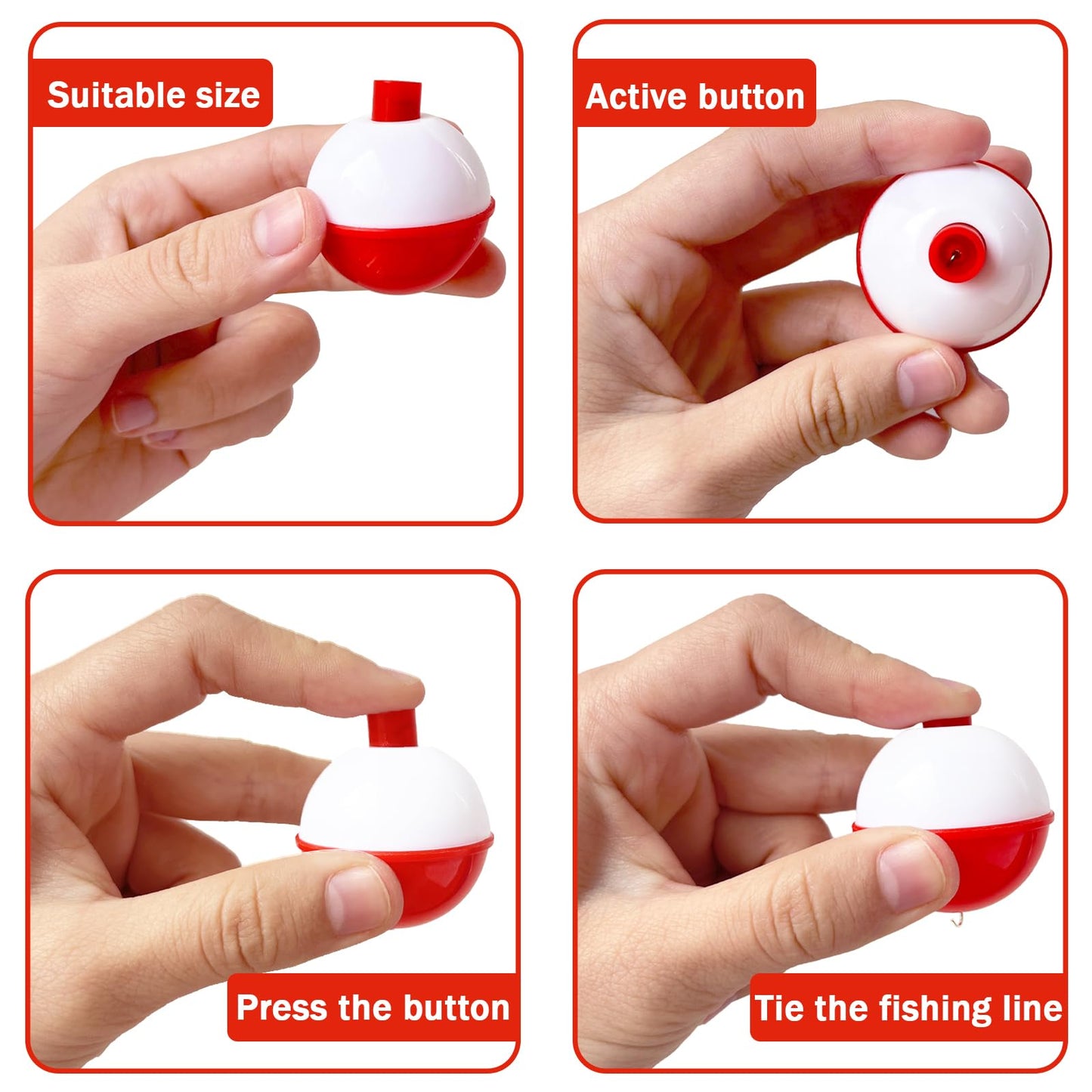 100 Pcs Fishing Float,Hard ABS Fishing Bobber,Red and White Bobbers,Push Button Round Buoy Floats for Tackle Accessories(Size: 0.75/1/1.5 Inch)