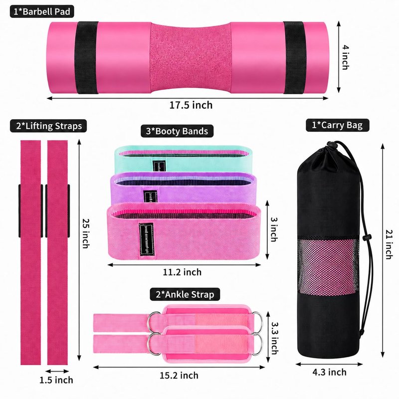 Barbell Pad Set, 10 Pcs Barbell Squat Pad for Hip Thrusts, Lunges, Leg Day with 2 Gym Ankle Straps, 3 Hip Resistance Bands, 2 Lifting Strap, Barbell Pad and Carry Bag