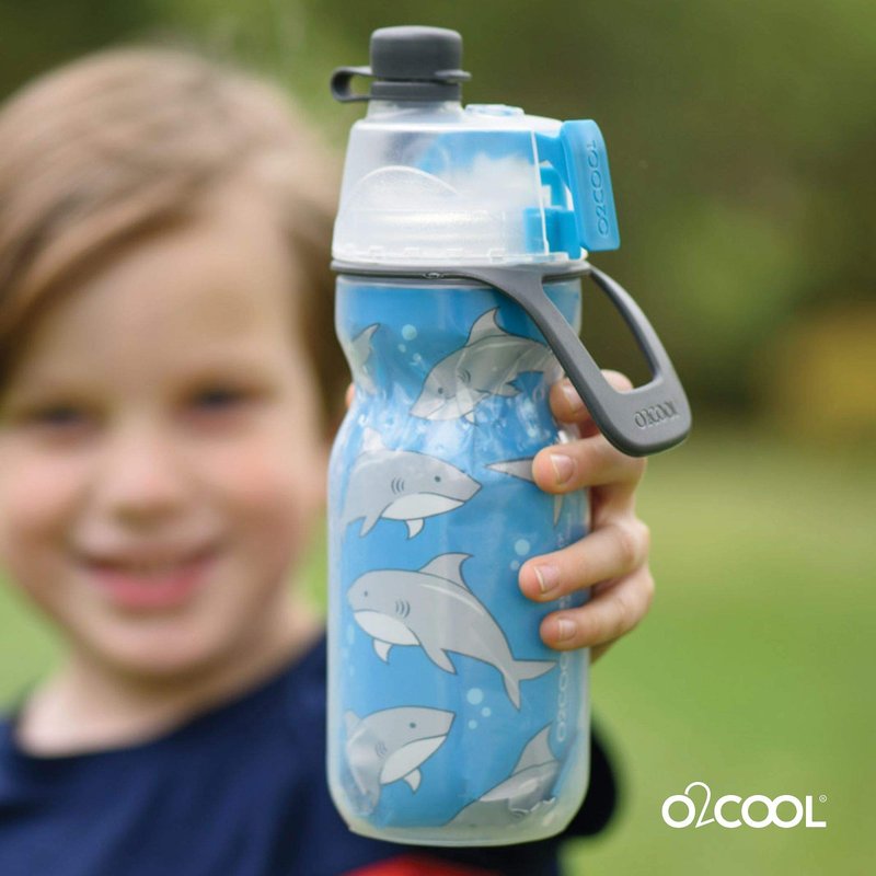 O2COOL Mist 'N Sip Kids Misting Water Bottle 2-in-1 Mist And Sip Function With No Leak Pull Top Spout Kids Reusable Sports Water Bottle - 12 oz (Blue Camo)