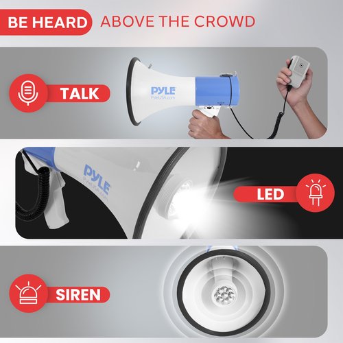 Pyle Compact Portable PA Megaphone Speaker - 50W Handheld Bullhorn with LED Flashlight, Alarm Siren, Adjustable Volume, Detachable Microphone, Battery Powered for Indoor & Outdoor Use