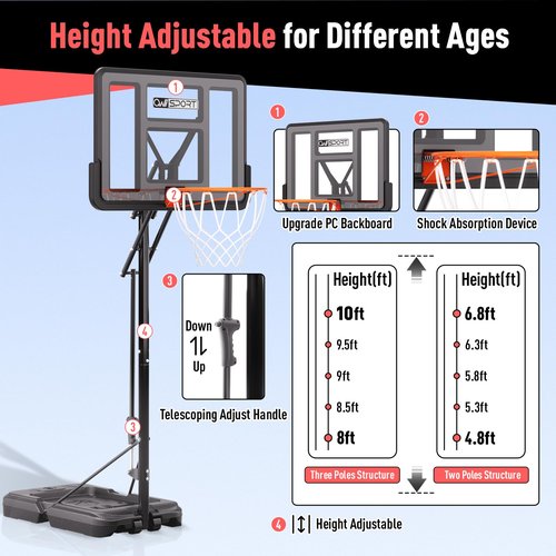 AWII SPORT Basketball Hoop Outdoor Protable, 4.8-10FT Height Adjustable Basketball Goal System with 44 Inch Impact Backboard and Portable Wheels for Adults