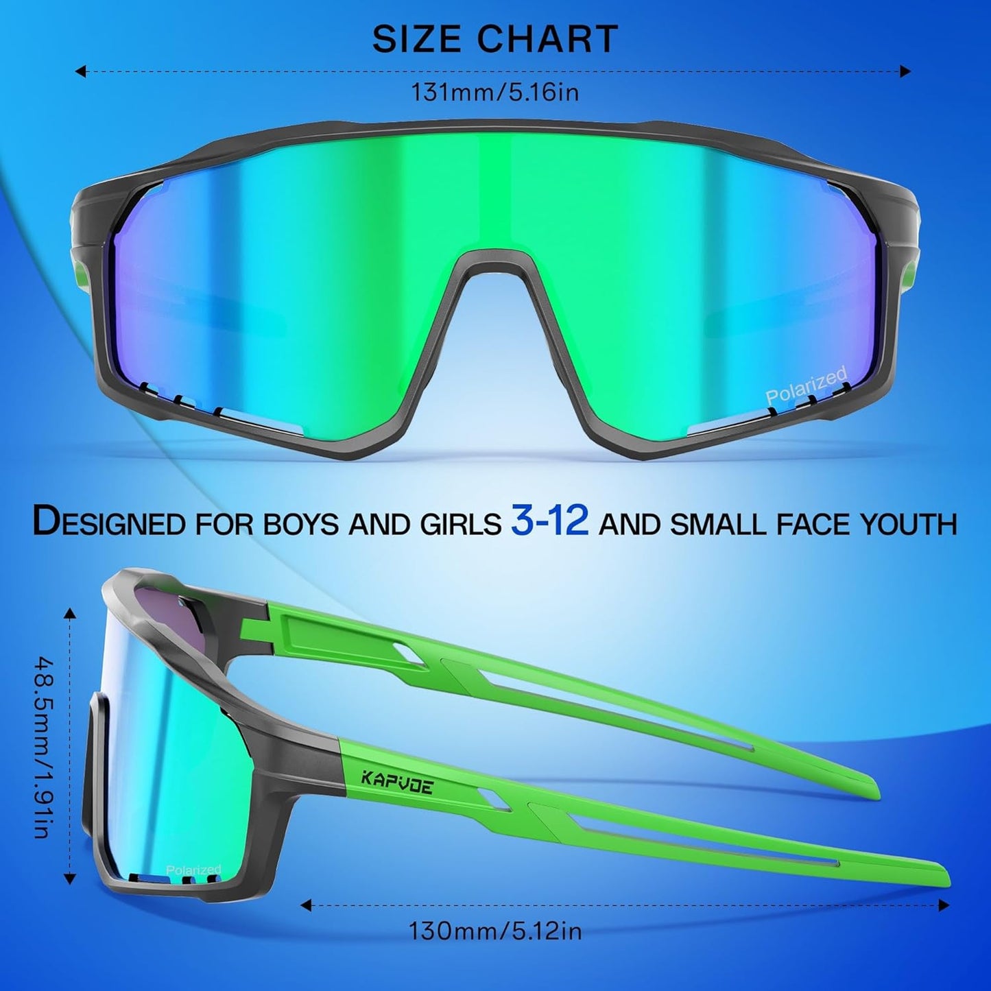 KAPVOE Kids Baseball Glasses Youth Polarized Sports Sunglasses Softball Cycling Running Shades Boys Girls Age 3-14 - K9033