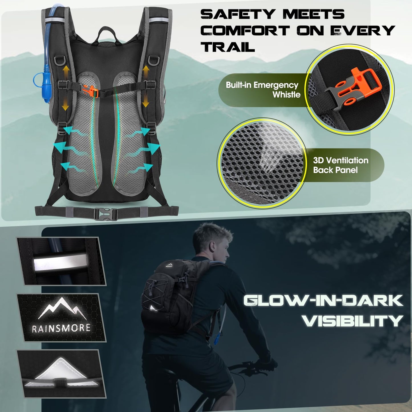 Hydration Backpack with Water Bladder, 18L Lightweight Hiking Backpack for Women&Men Small Insulated Hydration Water Pack for Hiking, Running, Cycling, Biking, Black