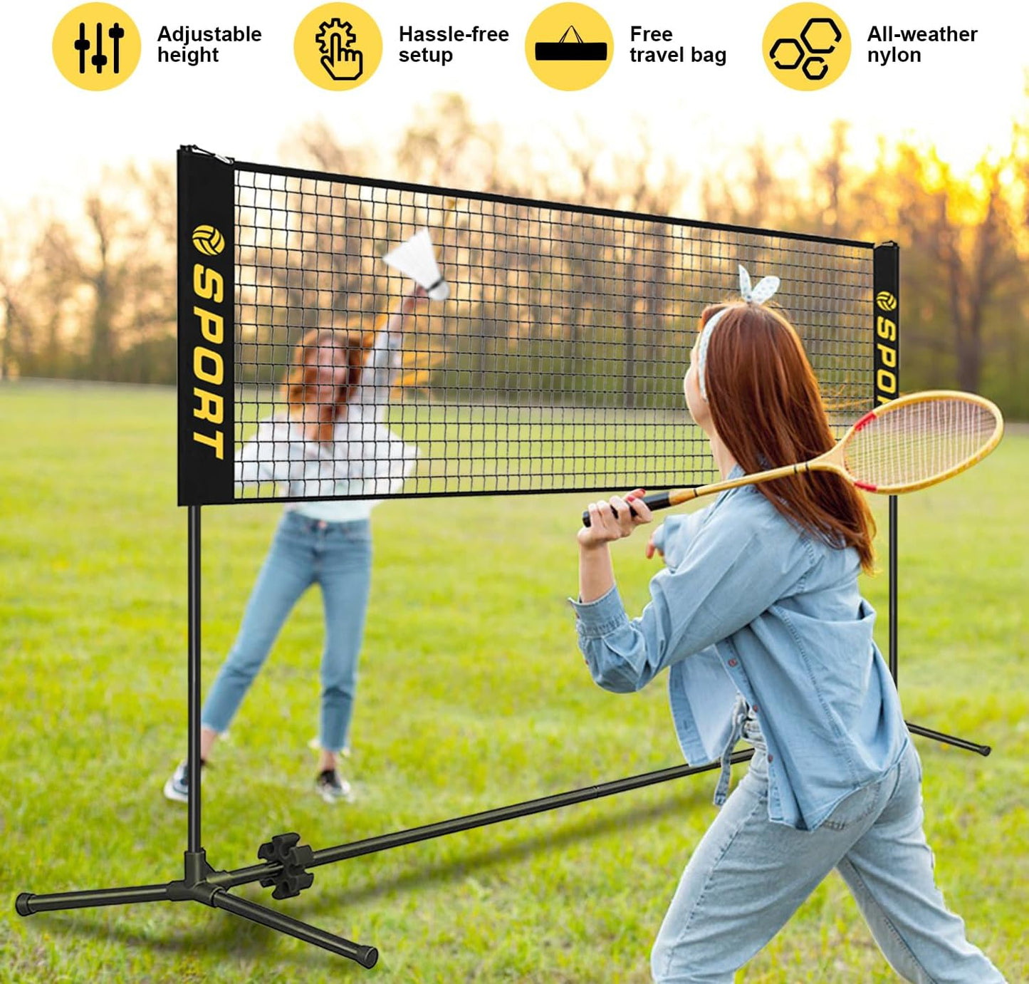 10 FT Mini Portable Tennis Net Equipment Set with Rubber Volleyball,Pump and Potable Carry Bag.Adjustable Height 2.7FT-5.1FT for Badminton Net, Volleyball Net,Soccer Net,Pickleball Net