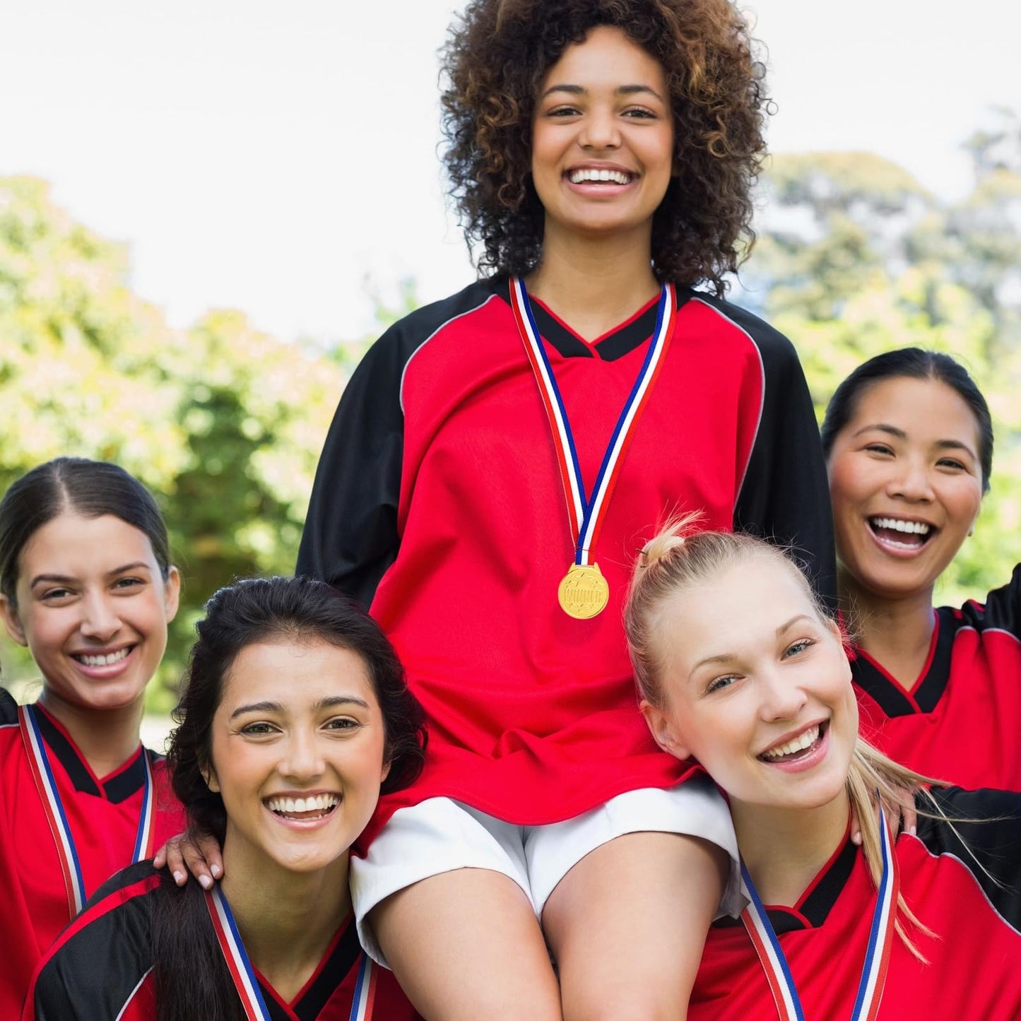 Juvale Gold Medals for Awards - 1.5 in Metal Winner Medals with 15.3 in Red, White & Blue Ribbon - Bulk 24 Pack for Kids & Adults Sports, Academic & Tournament Participation