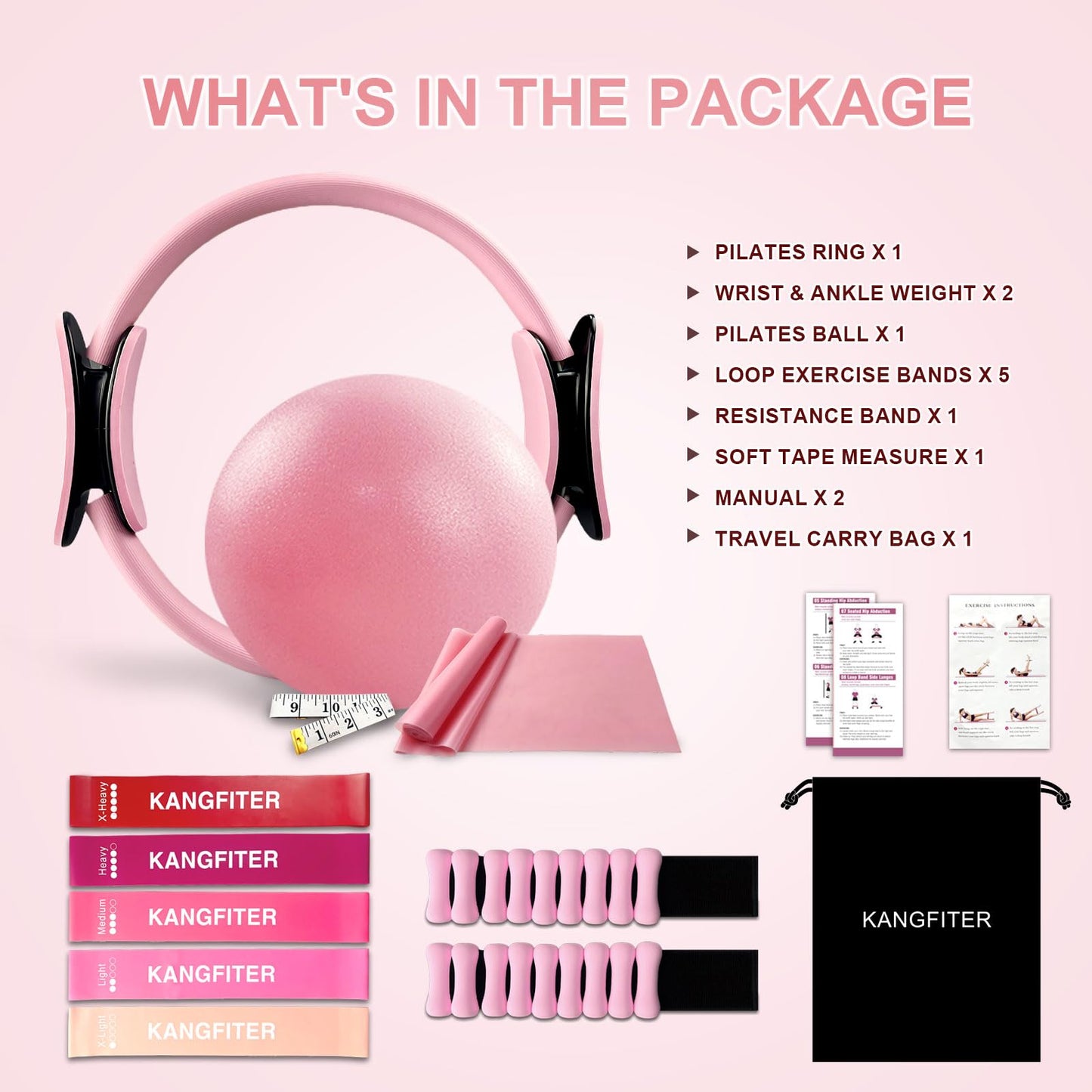 KANGFITER Pilates Ring Set 11 PCS, Magic Circle Yoga Ring, Pilates Ball, Adjustable Ankle Wrist Weights, Resistance Bands, Tape Measure, Pilates Kit Equipment Accessories for Women Home Workouts Yoga