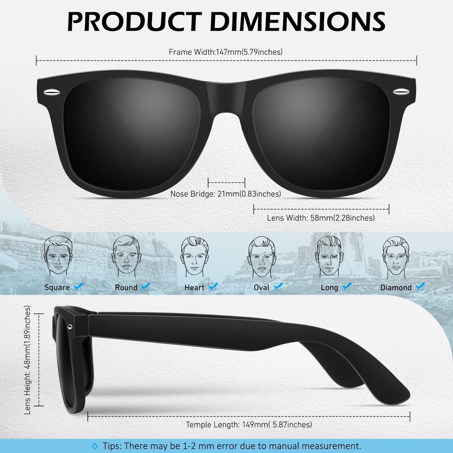 Sunier Polarized Sunglasses for Men and Women, Retro Square Matte Finish UV400 Protection Shades for Driving, Fishing