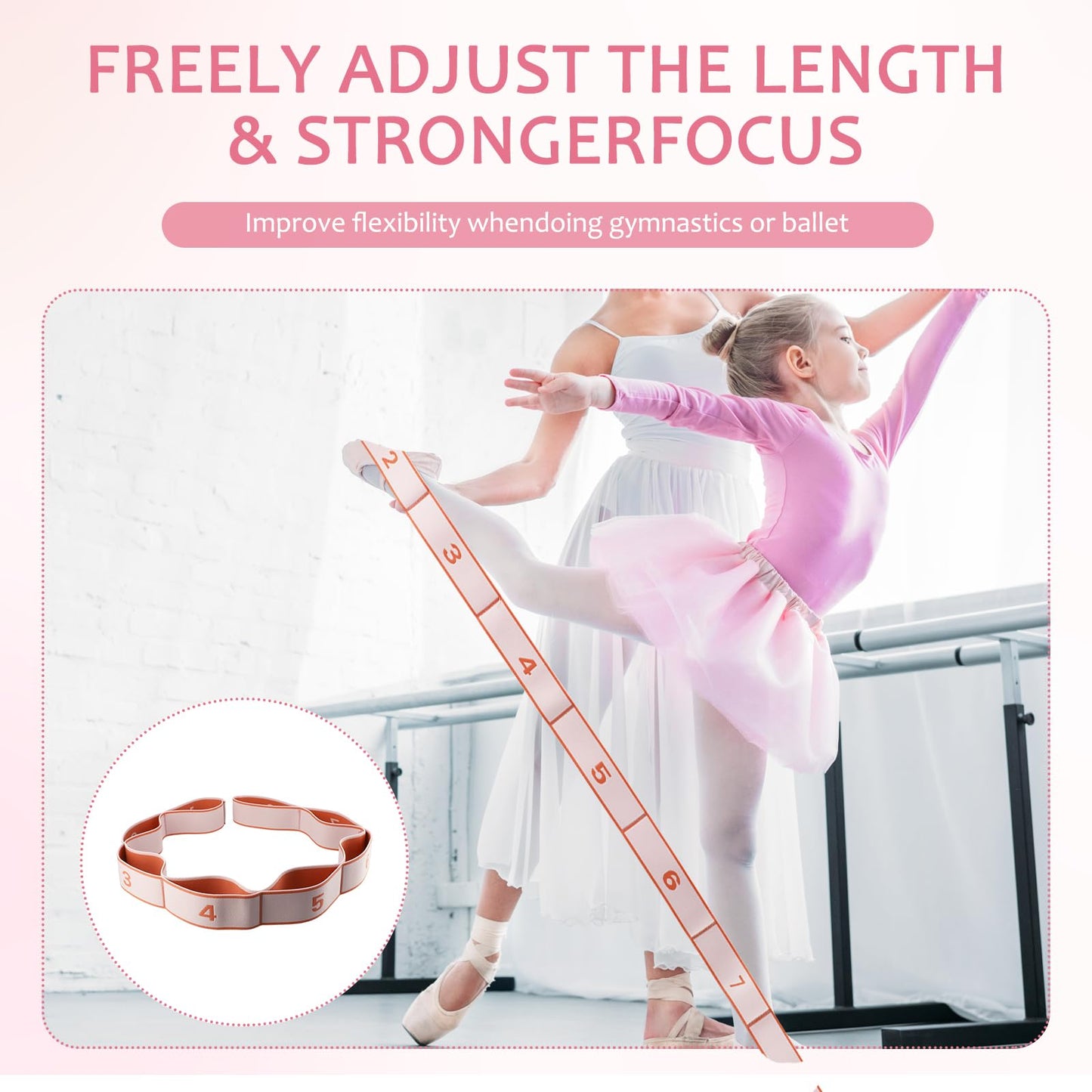 2 Pcs Stretch Bands for Flexibility, Resistance Kids Ballet Dance Exercise Band Stuff Adjustable Stretching Yoga Straps with 8 Loops for Children's Pilates Latin Yoga Equipment (Light Pink)
