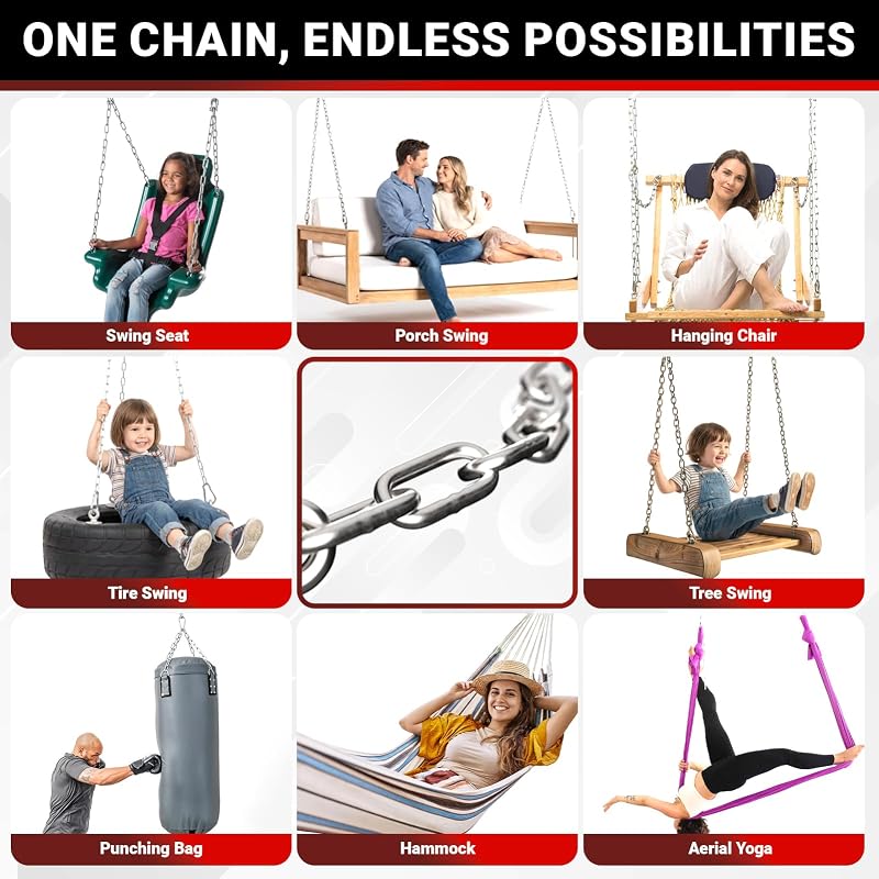 25" Hanging Swing Chain, 6mm 304 Stainless Steel, 1000 lb Capacity - Silver + 2 Pack