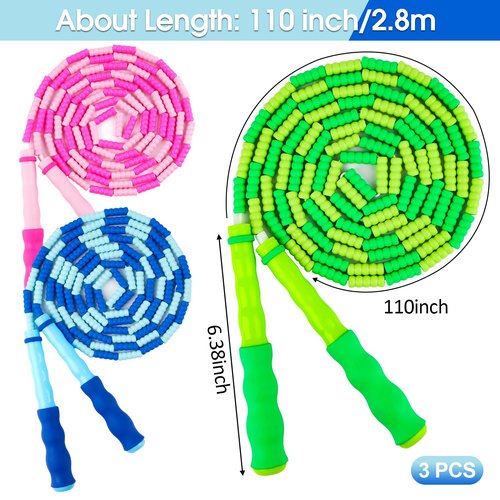 Jump Rope for Kids, 9 Ft Adjustable Jump Ropes for 4 5 6 7 8 10 12, Segmented Soft Beaded Jumping Rope Age 8-12, Tangle Free Skipping Rope for Women Man Fitness Weight Loss - Green, Pink, Blue