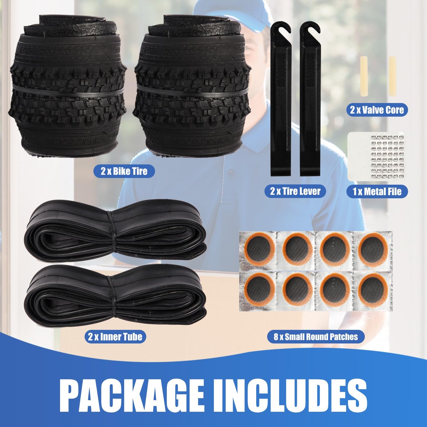 2 Pack 24" x 1.95" Mountain Bike Tire Set, 24 inch Folding Replacement Puncture-Resistant Bicycle Tires with 24 x 1.75-2.125 inch Bike Tubes and Repair Tool Kit for Mountain Bike, Off-Road Bike