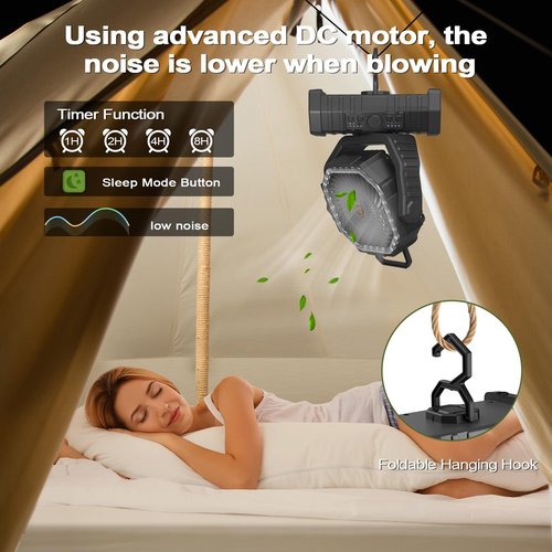 Richday Portable Camping Fan 20000mAh Rechargeable Battery Powered Outdoor Fans with LED Lantern Light USB Charging, Cordless Personal Fan for Tent Travel Camp Desk Car Home Work