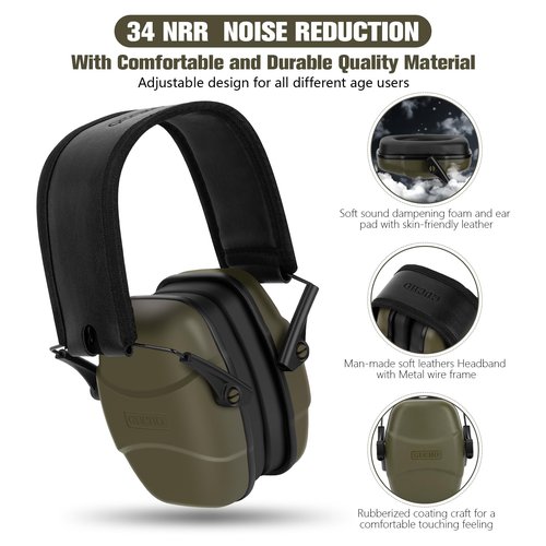 GUCHO 34 dB NRR Noise Reduction Safety Shooting Ear Muffs,Hearing Protection Ear Muffs,Shooting Range Ear Protection for Hunting Mowing