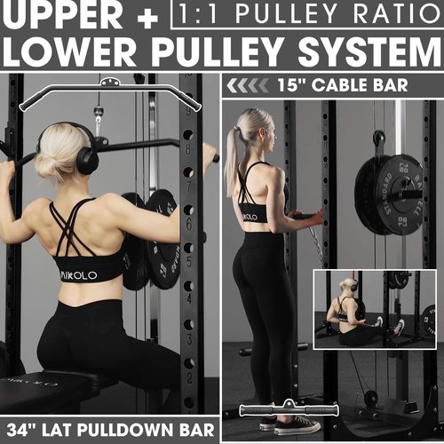 Mikolo Power Cage, Power Rack with LAT Pulldown, 1200 Pounds Capacity Workout Cage with More Training Attachments, Squat Rack for Home Gym, Yellow