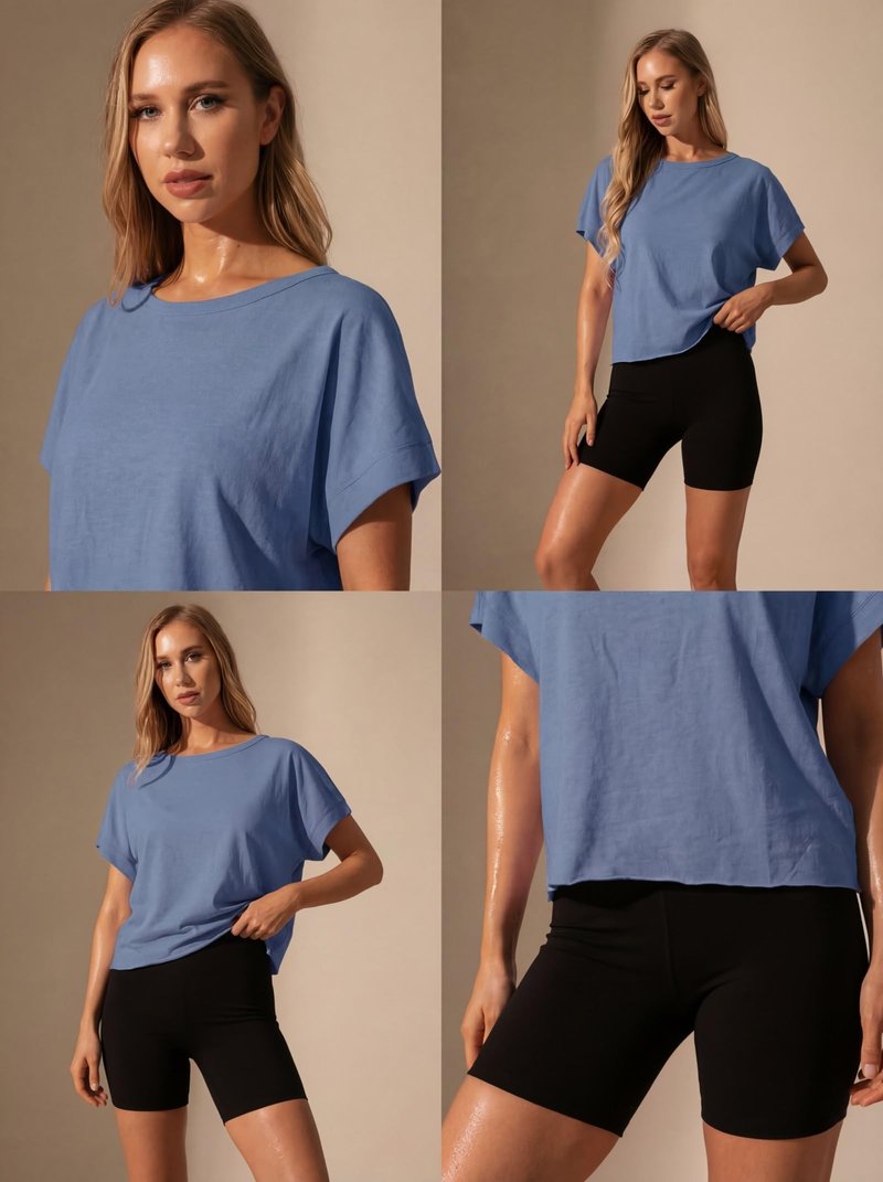 GRECERELLE Women's Open Back Workout Top Athletic Shirts Backless Short Sleeve Running Crop Top Gym Yoga Tee, Denim Blue, Small