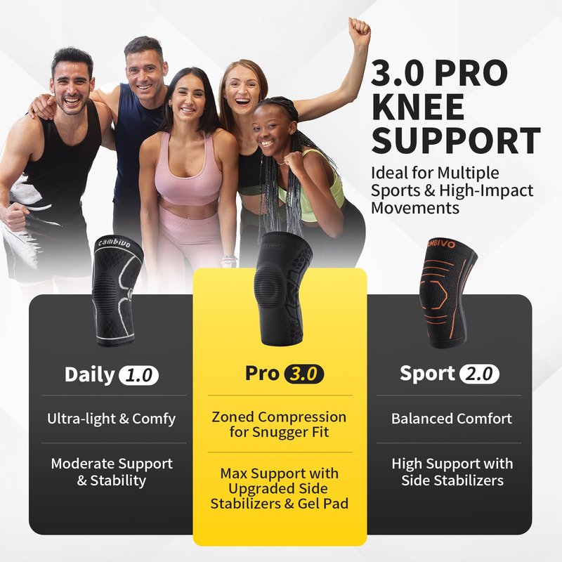 CAMBIVO Knee Brace for Knee Pain, Medical Grade Knee Compression Sleeve with Side Stabilizers & Patella Gel Pad for Meniscus Tear, Arthritis, ACL, Running,Workout, Daily Use(Black, Medium)