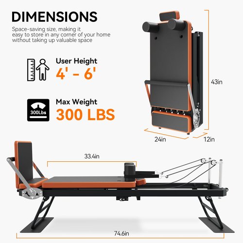 Ntoaujao Pilates Reformer, Foldable Pilates Machine for Home Gym Workout with 4 Springs & 5 Cords, fit for Beginners & Advanced Users, Up to 300 LBS