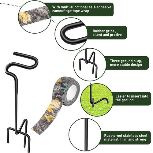 2 Pack Ground Bow Holder, Hunting Blind Bow Holder with Self-Adhesive Camouflage Tape Wrap Bow Holder Archery Ground Stake Bow Holder Rubber Coating Compound Bow Holder for Ground