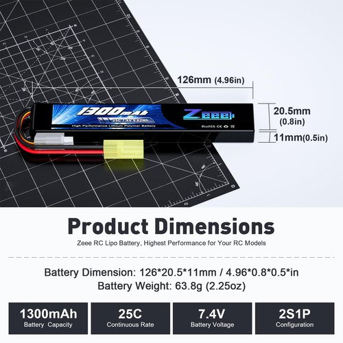 Zeee 2S Airsoft Lipo Battery 1300mAh 7.4V 25C Stick Battery with Mini Tamiya Connector for Airsoft Guns Rifle