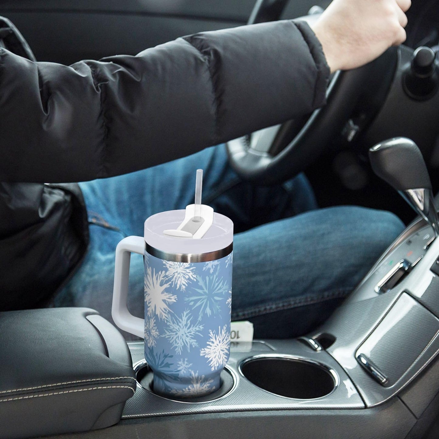 Boccsty Blue White Snowflakes Insulated Tumblers Winter Christmas Theme Reusable Stainless Steel Tumbler 30 oz Cup Coffee Travel Mug Water Bottle with Handle & Flip Straw for Home Office Car