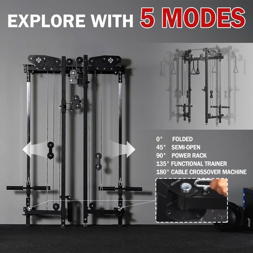Mikolo Folding Squat Rack, Wall Mounted Power Rack with Cable Crossover Machine & LAT Pull Down, Functional Trainer with 5 Adjustable Function Modes, for Home Gym and Space Saving (Black)