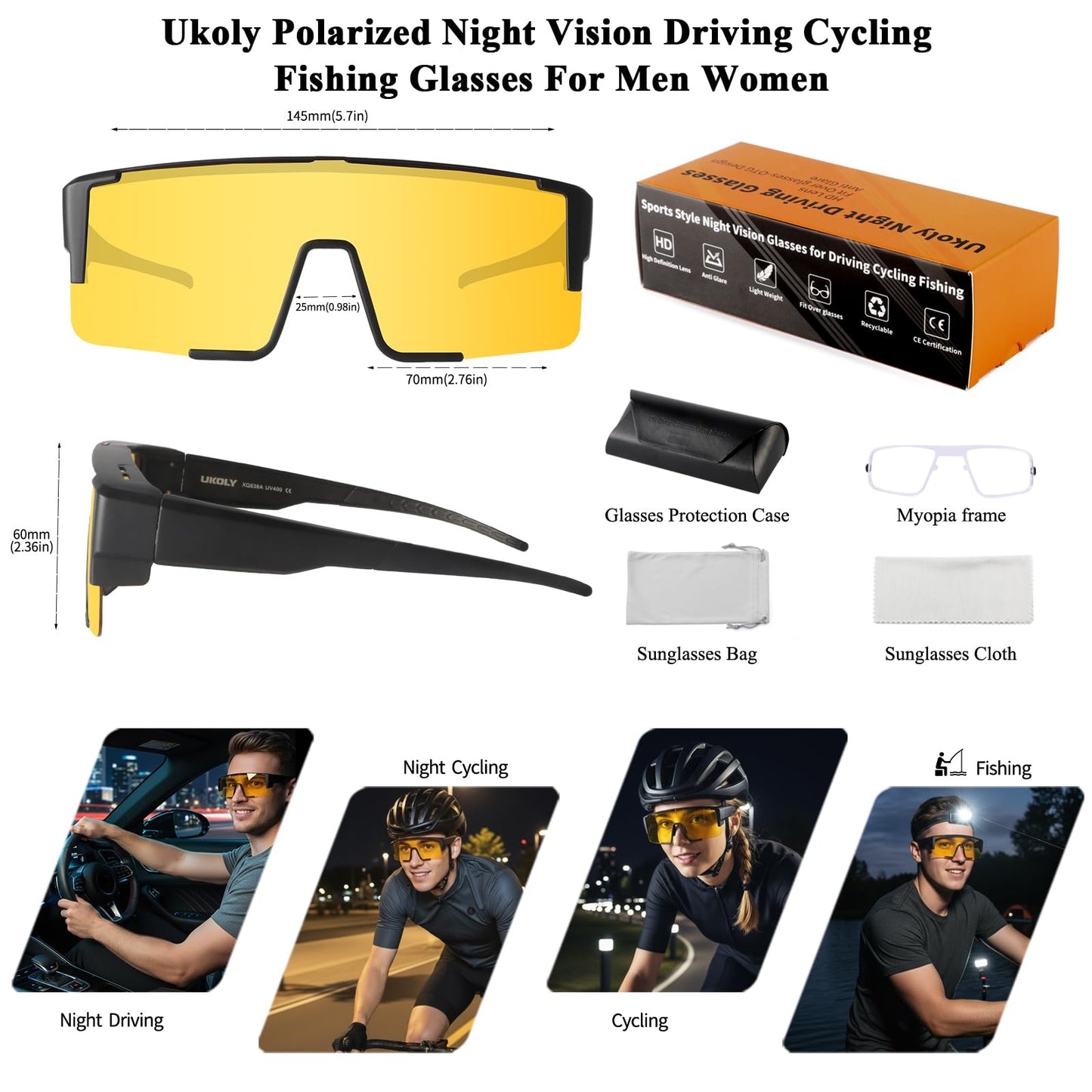 Ukoly Polarized Night Driving/Cycling Glasses For Men Women,Sport Night Vision Glasses Anti Glare HD Lens UV400 Coating