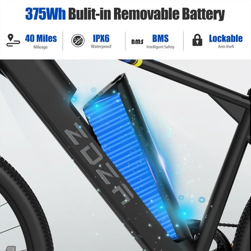 ZDZA Electric Bike, 1000W Peak Motor, 26” Electric Mountain Bike, 375Wh Removable Battery, 40 Miles Range & 20 Mph Step-Over Ebike for Adults, Electric Bicycle for Commute, 7 Speed (Black)