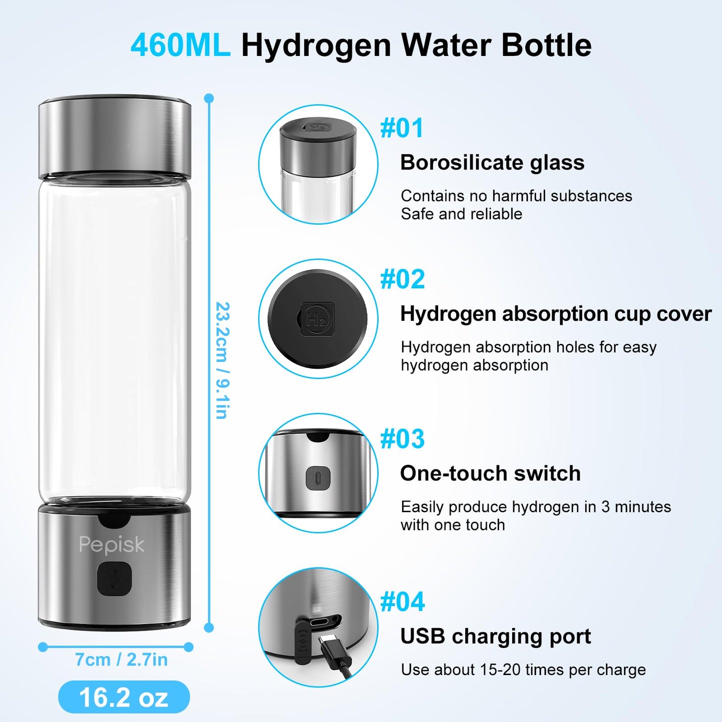 2025 New Hydrogen Water Generator Bottles, Hydrogenated Water Bottle with SPE PEM Technology Up to 2200PPB, 460ml Hydrogen Water Bottle Generator for Home, Office, and Travel- Certified H2 Generator