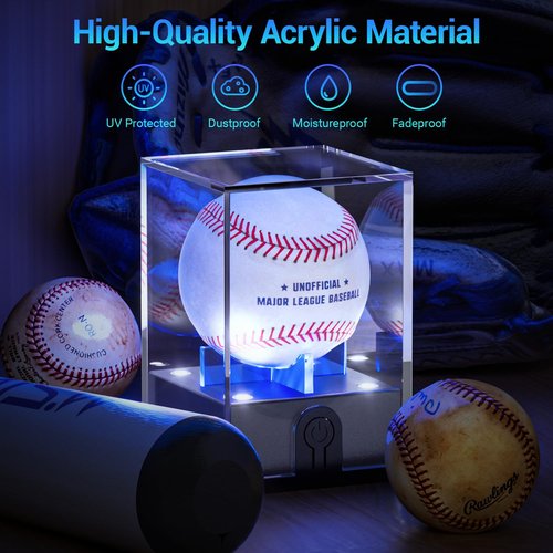 Leshein Baseball Display Case with Led Light, Light up Baseball Case for Display, Acrylic Baseball Holder Display Case, UV Protected Clear Baseball Stand Baseball Cube for Memorabilia Baseball Gifts