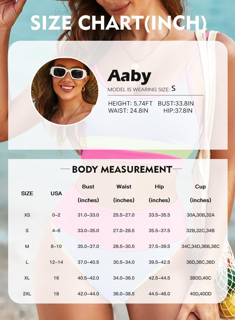 Herseas Women Two Piece Cheeky Scoop Neck Bikini Sets Solid Color Crop Top Popular Swimsuits Sporty High Waisted Best Bathing Suits with Bottoms Blue Pink Colorblock Medium