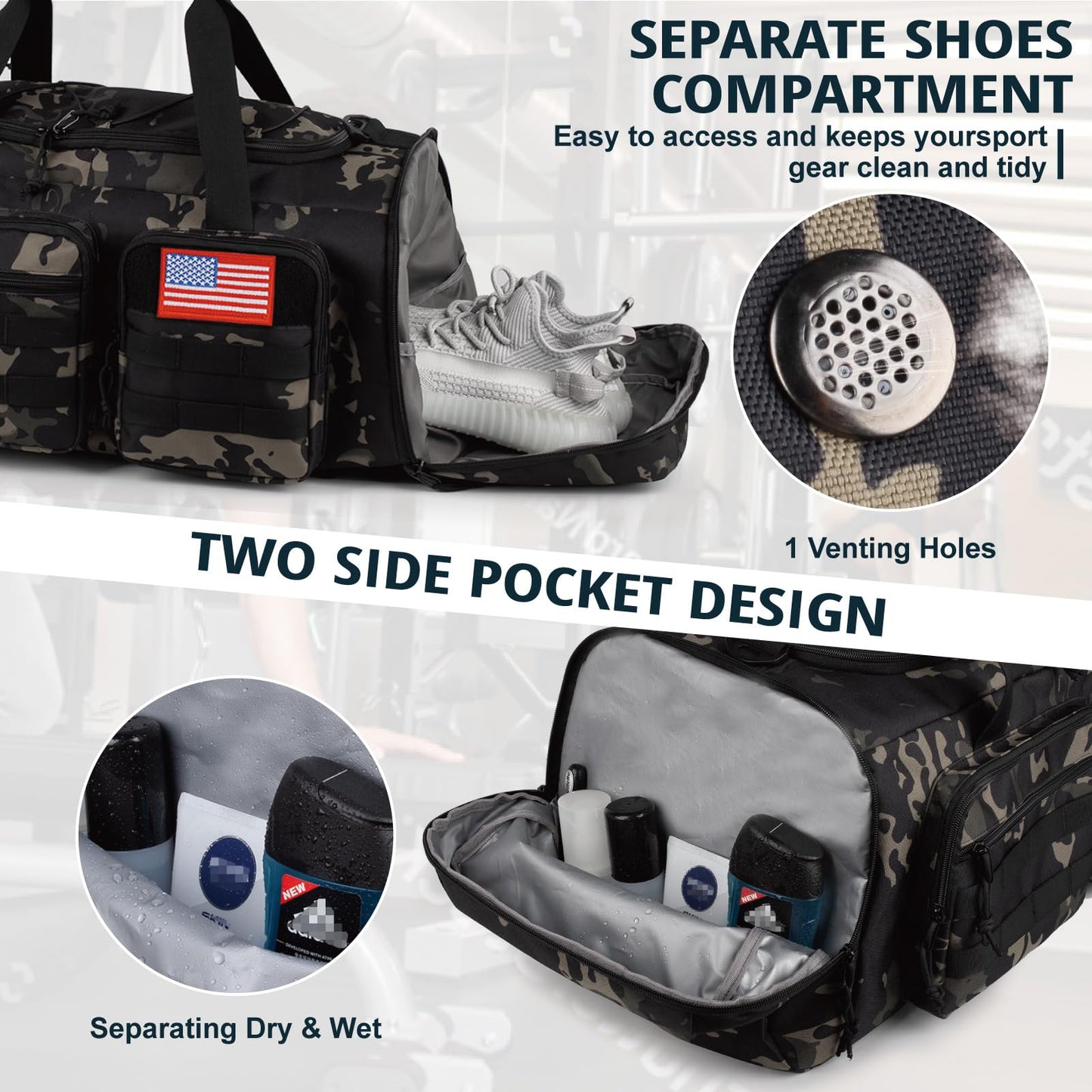 Tactical Gym Bag for Men,70L Large 3 in 1 Sports Duffle Bag with Shoes Compartment for Travel,Water Resistant Travel Backpack Weekender Overnight Bag with Wet Pocket for Women