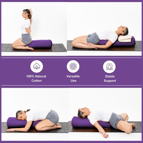 Yogikuti Iyengar Yoga Bolster Pillow for Restorative Yoga & Meditation Poses – 100% Cotton, Firm & Durable Cylindrical Cushion with Washable Cover, Perfect for Balance & Supportive Asanas (Purple)