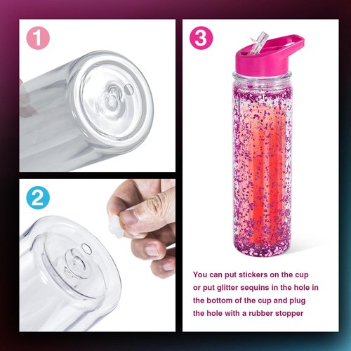 18oz 4 Pack Double Wall Clear Water Bottle Bulk Plastic Snow Globe Tumbler with Handle Lid, Acrylic Pre-Drilled Hole with Stopper Sippy Snow Globe Kid Water Bottle for Scool Sport DIY Gift