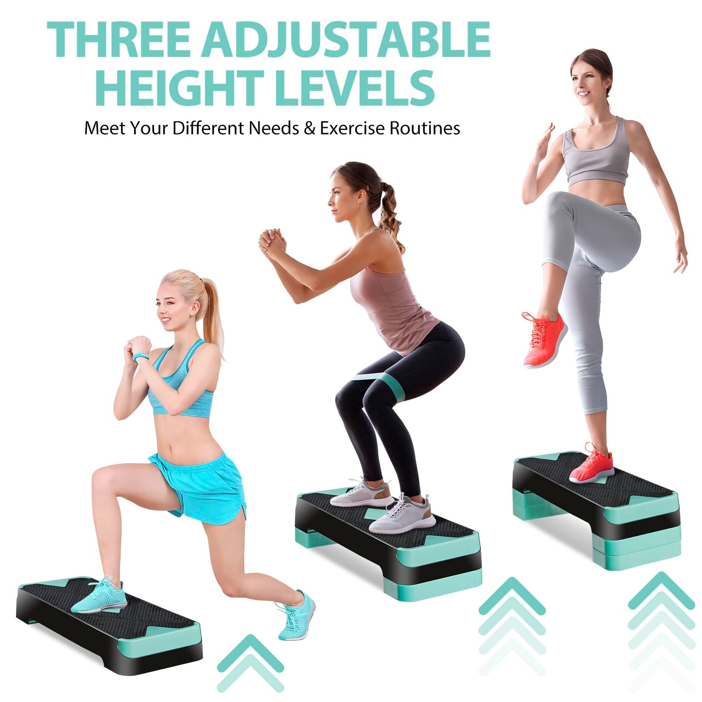 26.5 Inch Aerobic Exercise Step Platform for Home Gym, 4” 6” 8”Adjustable Risers for Home Gym Fitness Workout, Stepper Step Trainer, Green